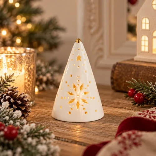 Mathilde M. Albero cono decorativo in ceramica bianca con LED h 11