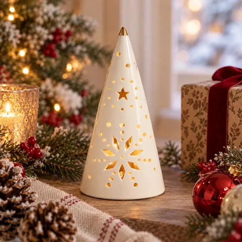 Mathilde M. Albero cono decorativo in ceramica bianca con LED h 19