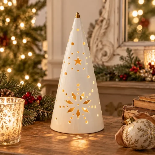Mathilde M. Albero cono decorativo in ceramica bianca con LED h 25