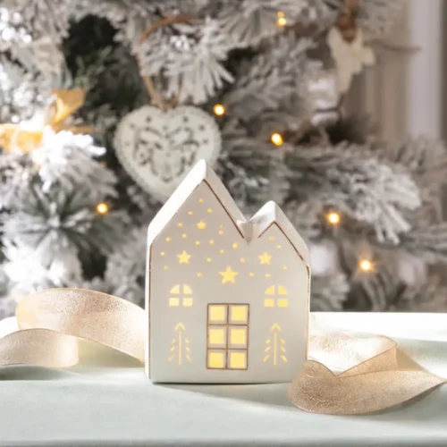 Mathilde M. Casetta decorativa in ceramica bianca con LED h 11