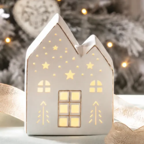 Mathilde M. Casetta decorativa in ceramica bianca con LED h 14