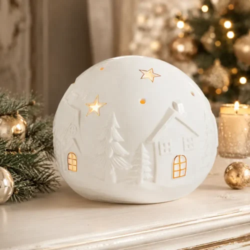 Mathilde M. Sfera decorativa Villaggio di Natale in ceramica bianca con LED