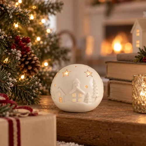 Mathilde M. Sfera decorativa Villaggio di Natale in ceramica bianca con LED h 9