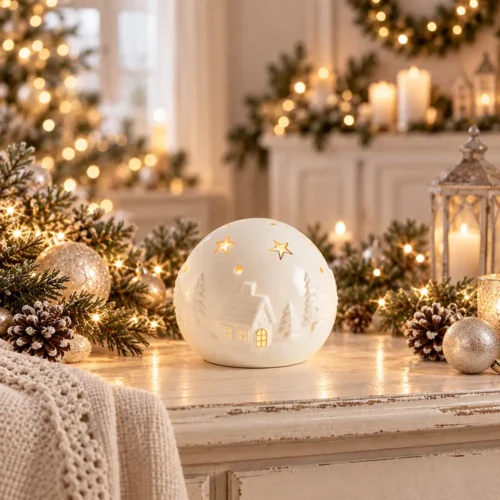 Mathilde M. Sfera decorativa Villaggio di Natale in ceramica bianca con LED media