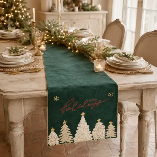 Chemin de table Chalet avec broderies vert 160 x 40 cm