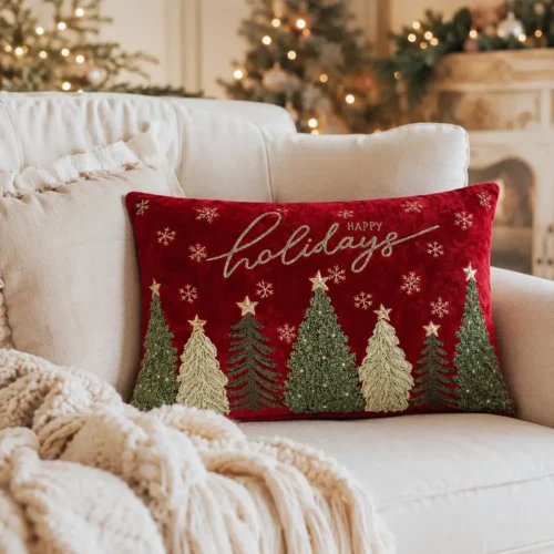 Coussin rectangulaire Chalet en velours rouge 50x35 cm