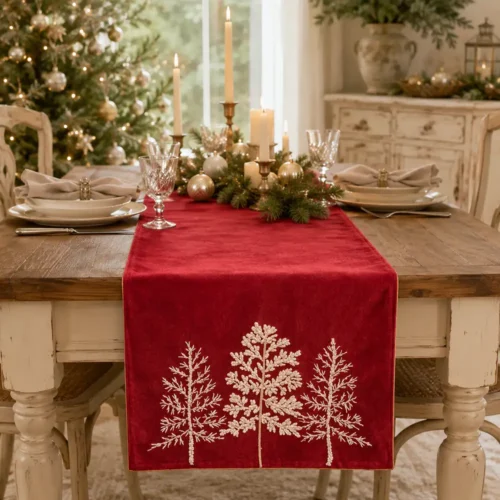 Chemin de table Aspen sapins avec broderies rouges 160x40 cm