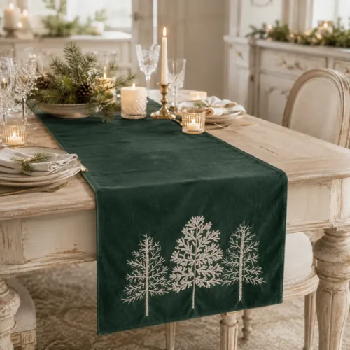 Chemin de table Aspen sapins avec broderies vertes 160x40 cm