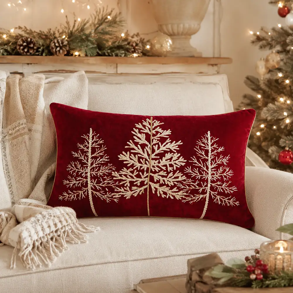 Cuscino rettangolare Aspen abeti in velluto rosso 50x35 cm