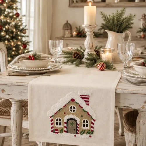 Chemin de table Ginger House maison avec broderies rouge 160x40 cm