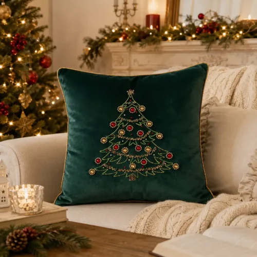Funda de cojín cuadrada «Diamond» con motivo de árbol, de terciopelo verde, 47 x 47 cm