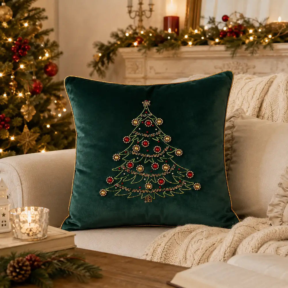 Funda de cojín cuadrada «Diamond» con motivo de árbol, de terciopelo verde, 47 x 47 cm