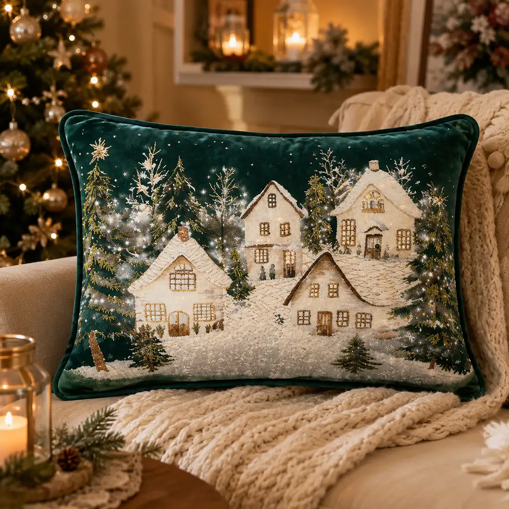 Cuscino rettangolare Livigno casette in velluto verde 50x35 cm