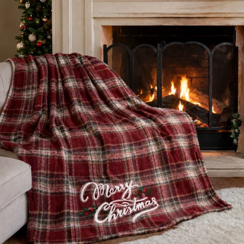 Plaid Cottage broderie Merry Christmas rouge 140x170 cm