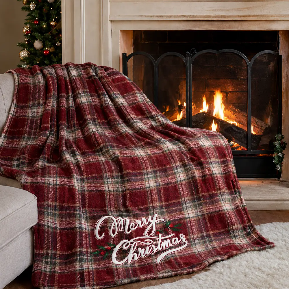 Plaid Cottage broderie Merry Christmas rouge 140x170 cm