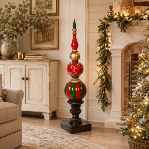 Puntale da appoggio natalizio decorativo in resina rosso verde e oro h 125 cm