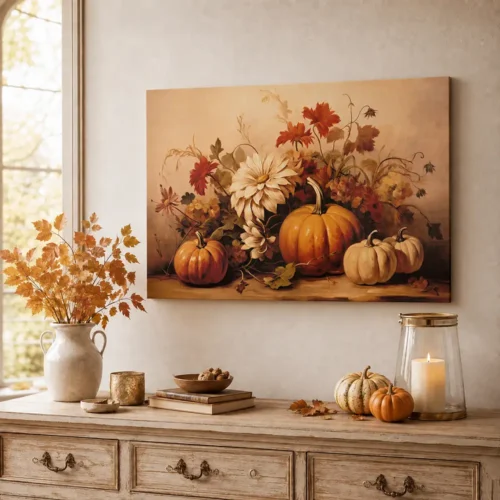 Quadro autunnale con zucche e fiori 70x50 cm Racconti d'Autunno Nuvole di Stoffa