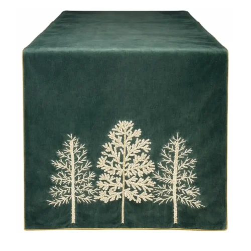 Alternative view of Chemin de table Aspen sapins avec broderies vertes 160x40 cm