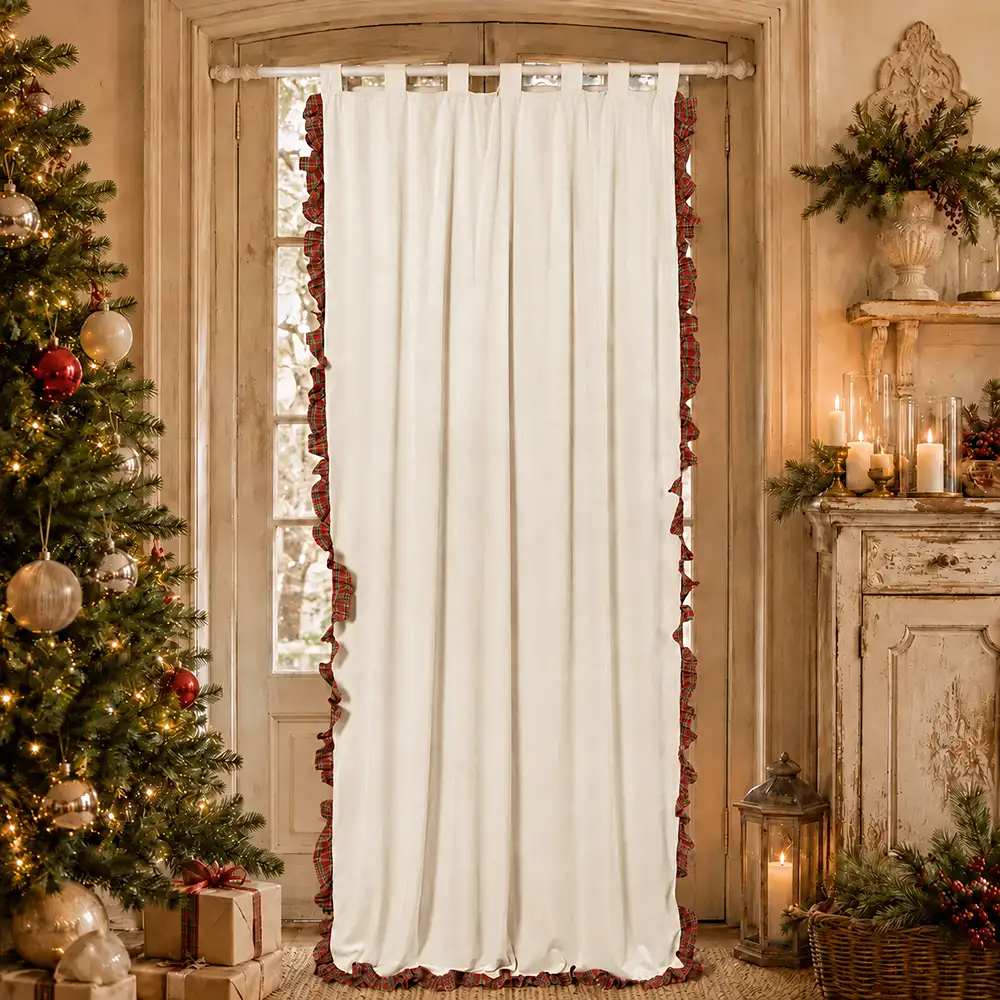 Rideau Bon Bon en velours avec volant tartan crème 300x150 cm