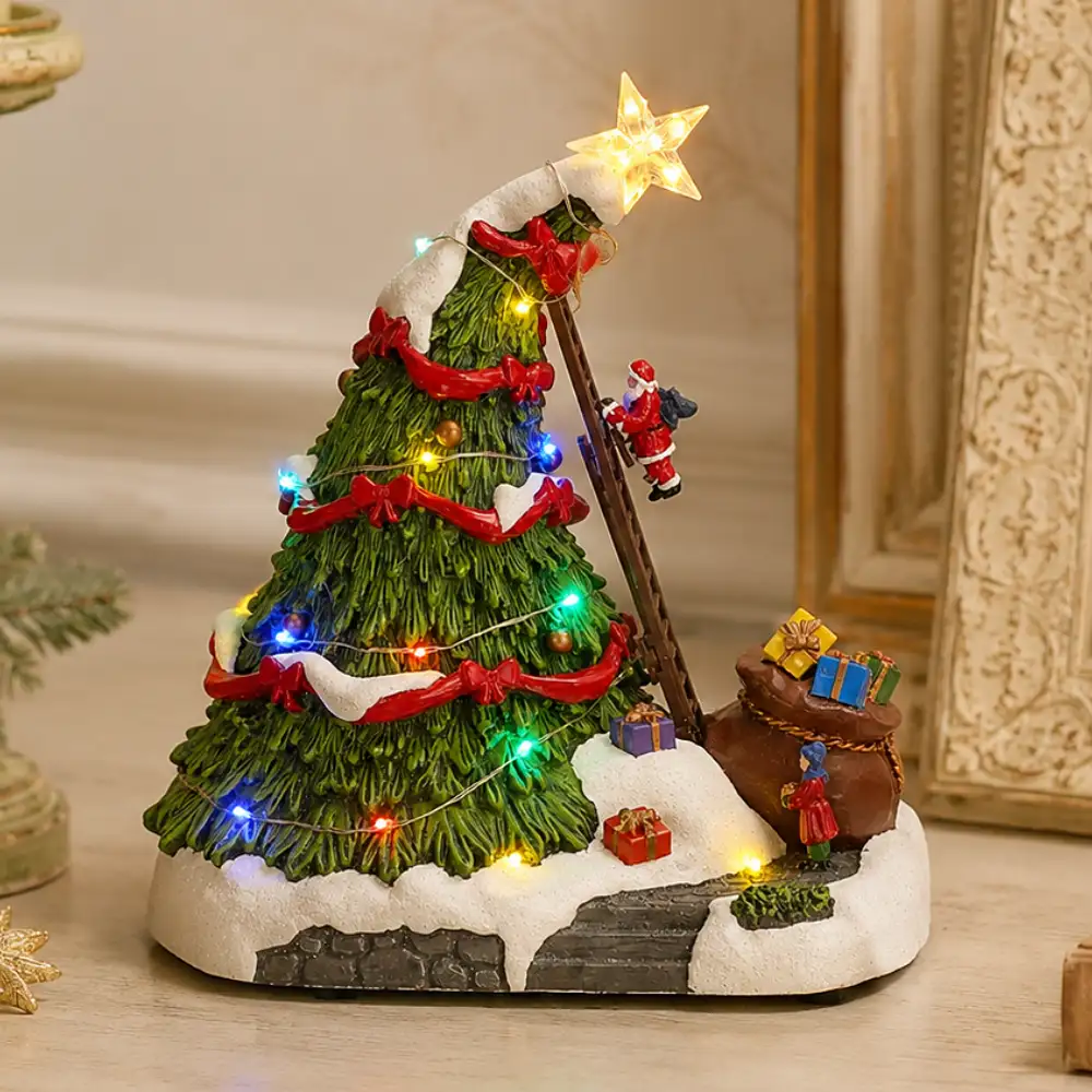 Albero di Natale Timstor animato con LED su una consolle decorata per le feste