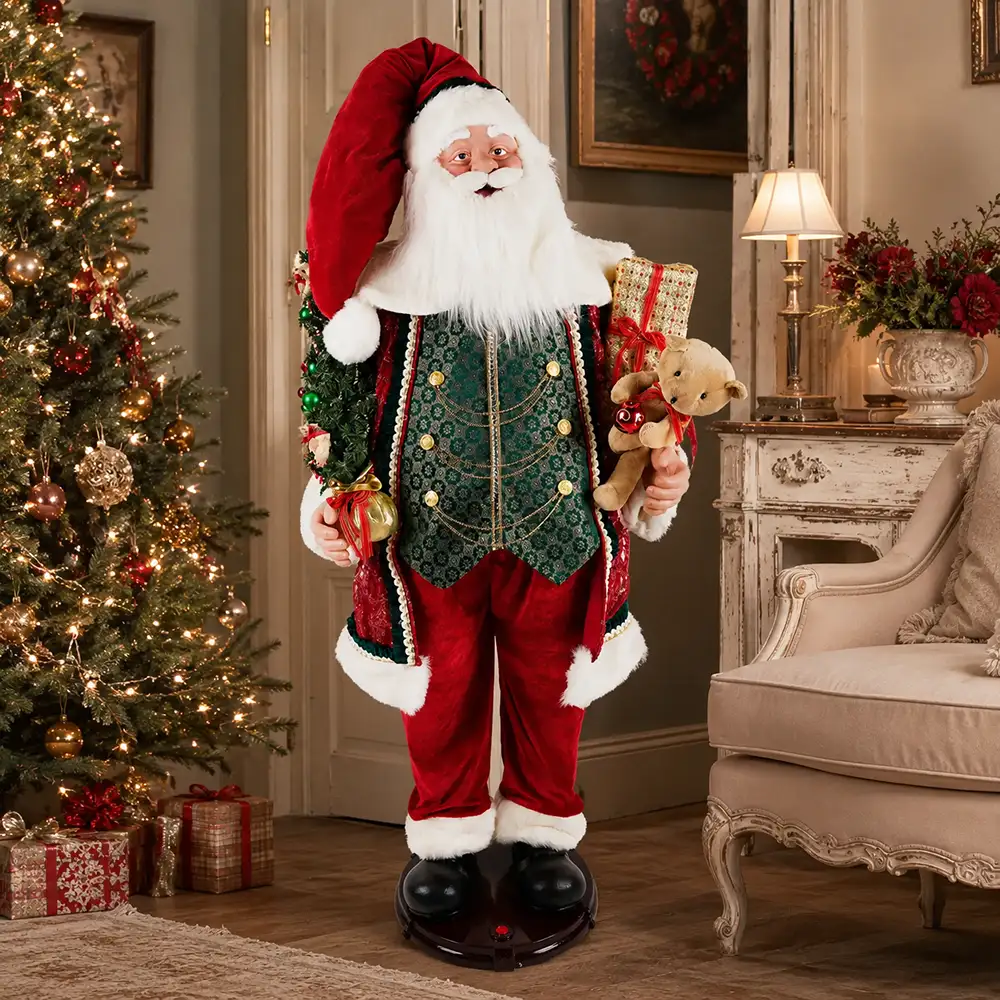 Babbo Natale danzante Timstor alto 155 cm accanto a un grande albero illuminato