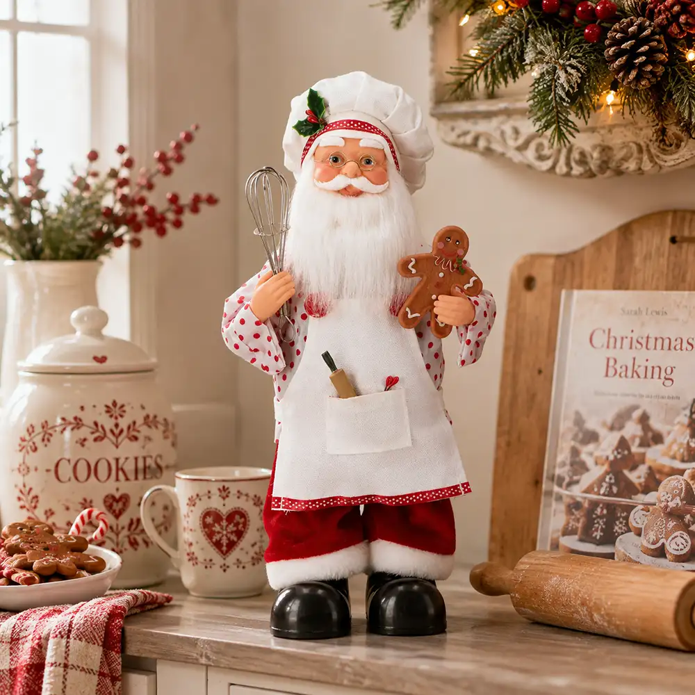 Babbo Natale pasticciere Timstor in una cucina natalizia decorata con dolci