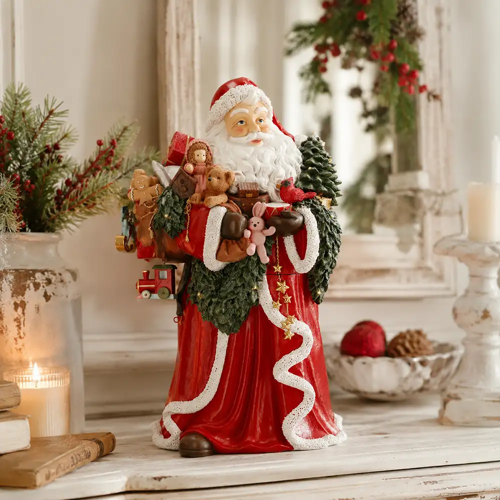 Babbo Natale Timstor con coniglietto, giochi e LED tra regali e luci natalizie