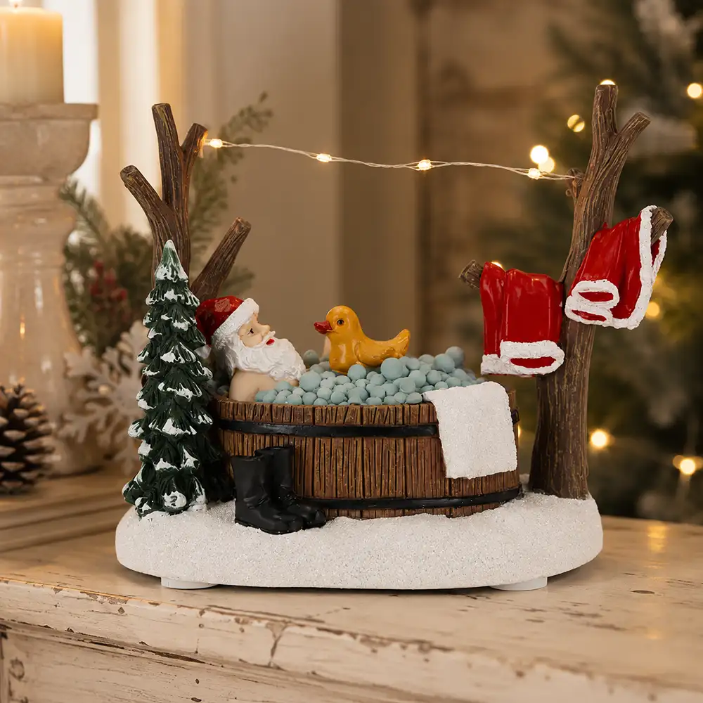 Babbo Natale Timstor in sauna con paperella e LED in una piccola scena natalizia