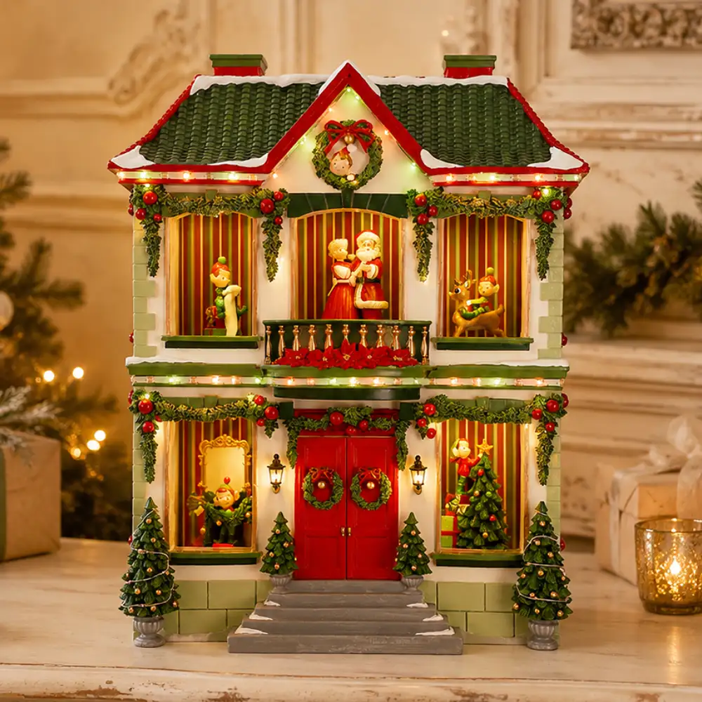 Casa di Natale Timstor illuminata su una credenza elegante decorata per le feste