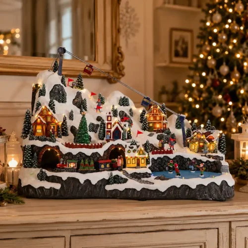 Grande villaggio Timstor luminoso e animato in un salotto provenzale decorato per Natale