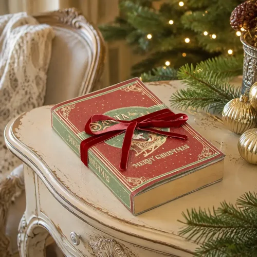El libro de Papá Noel de Timstor en una estantería con adornos navideños