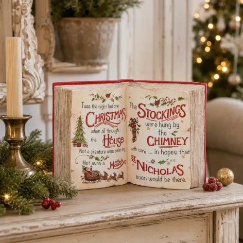 Libro decorativo navideño de Timstor sobre una mesita auxiliar en un salón decorado para Navidad