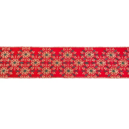 Nuvole di Stoffa Nastro effetto velluto rosso con fiori oro e verde 5 m