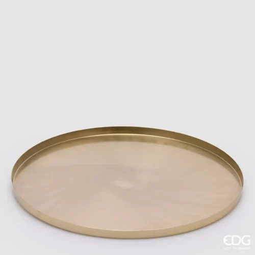Vassoio decorativo rotondo color oro con superficie liscia e bordo rialzato.