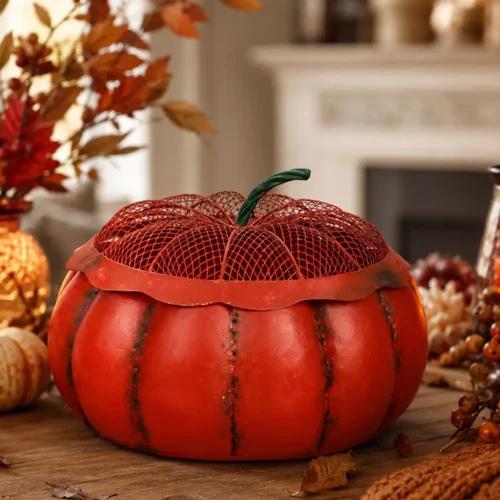 Vase en forme de citrouille en métal rouge avec couvercle grillagé 33 x 33 x 22 cm