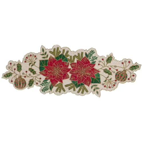 Runner Blanc Mariclò con stelle di Natale rosse, foglie verdi e ricami di perline su fondo avorio.