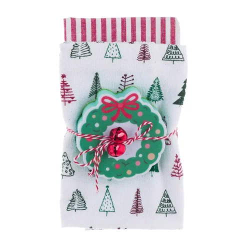 Set de deux torchons Blanc Mariclo, l'un à rayures rouges et blanches et l'autre avec petits sapins de Noël.