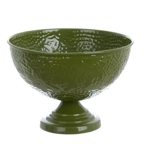 Centre de table Blanc Mariclò vert olive en métal émaillé, avec coupe travaillée et base surélevée.
