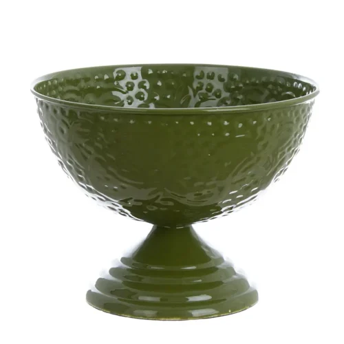 Centre de table Blanc Mariclo vert olive, coupe surélevée avec décors en relief et finition brillante.