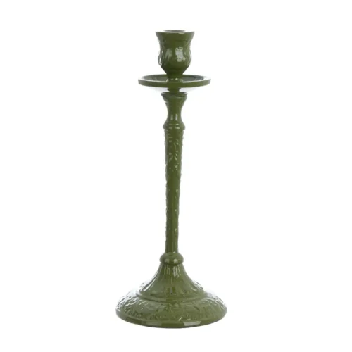 Bougeoir Blanc Mariclo vert olive avec tige haute, coupelle attrape-cire et base décorée.