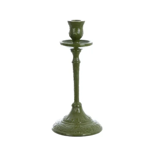 Bougeoir Blanc Mariclo vert olive de 23 cm de haut, avec coupelle recueille-cire et base décorée.