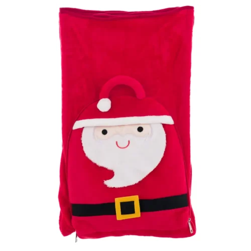 Plaid rouge Blanc Mariclo replié dans sa housse Père Noël, barbe blanche, ceinture noire et fermeture zippée.