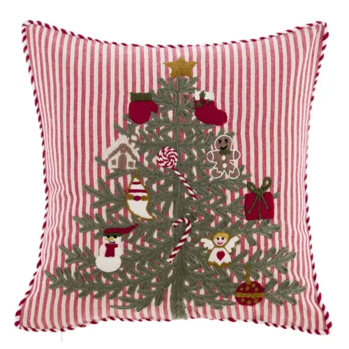 Cuscino natalizio quadrato a righe rosse e bianche con albero di Natale ricamato e decorazioni.