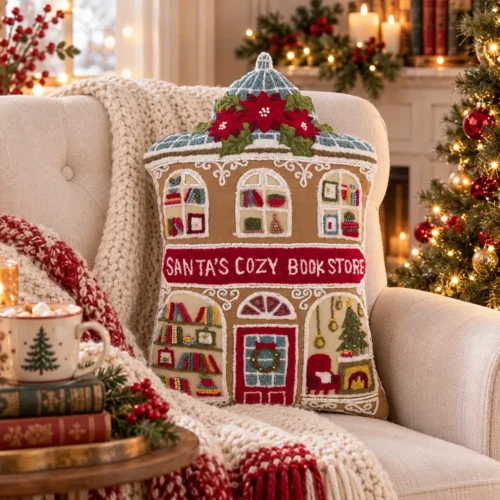 Cuscino natalizio sagomato a forma di libreria, con tetto innevato, libri alle finestre e insegna rossa Santa’s Cozy Bookstore.