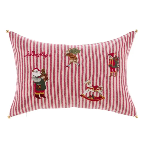 Mini cuscino natalizio a righe rosse e avorio con figure applicate, scritta Believe e campanellini dorati agli angoli.