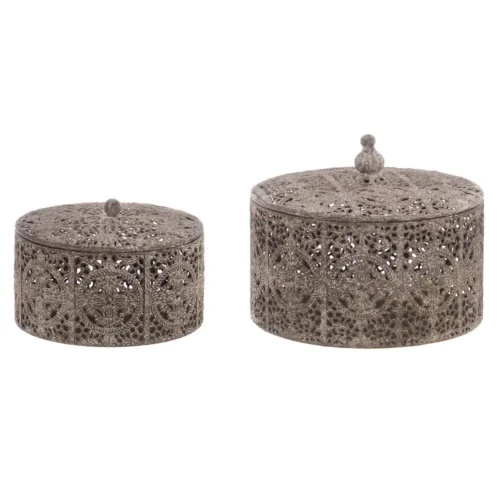Set di due barattoli decorativi Blanc Mariclò in metallo anticato traforato, con coperchi e pomelli.
