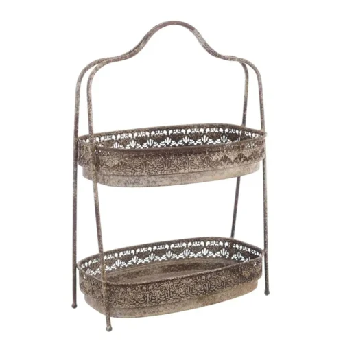 Étagère Antica Officina in metallo anticato con due ripiani ovali traforati e arco decorativo.
