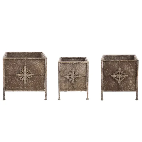 Porte-plantes carrés Antica Officina en trois tailles, en métal vieilli avec frise décorative centrale.