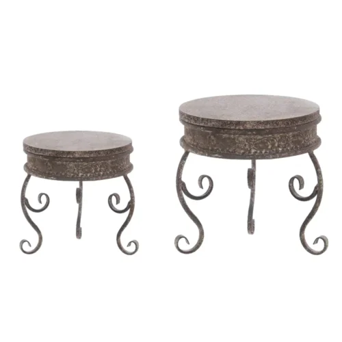 Set de deux porte-pots ronds Antica Officina avec plateau en bois, métal vieilli et pieds en volutes.