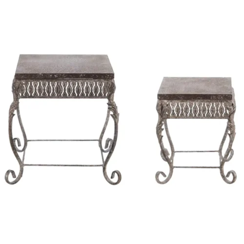 Set de deux porte-pots carrés Antica Officina en métal vieilli et bois, avec bandeau ajouré et pieds en volute.